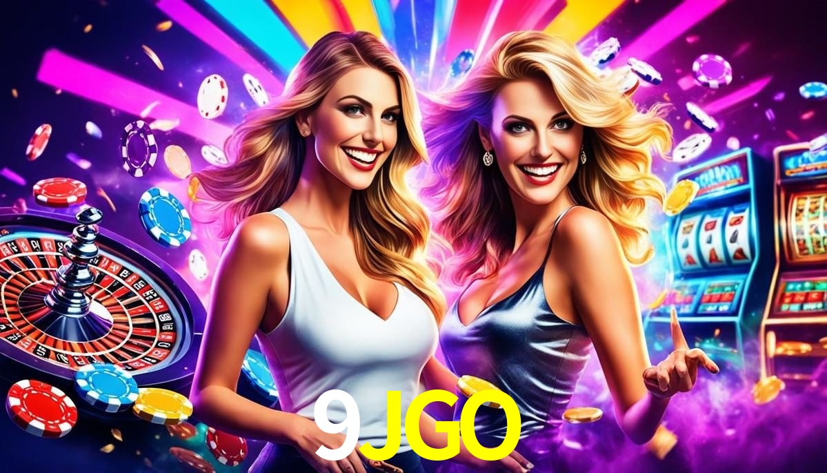 Escena dinámica inspirada en casino con iluminación 9JGO, cartas, fichas e íconos de juegos digitales en un espacio moderno de juegos.