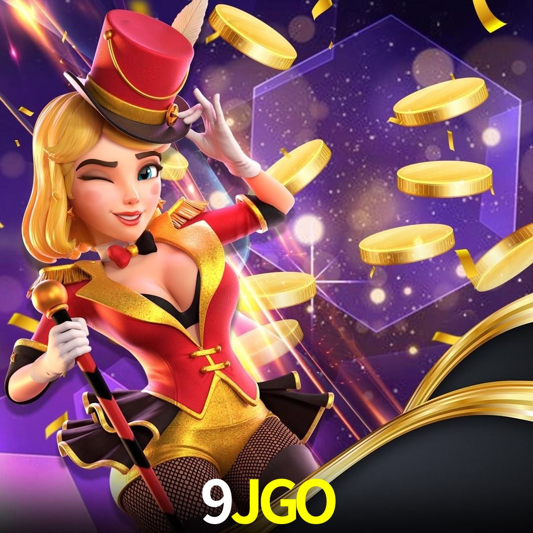 Una escena digital vívida inspirada en casino con 9JGO mostrado prominentemente, luces brillantes, fichas, cartas y acentos dorados.